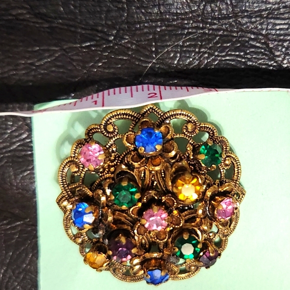 West Germany gold tone filigree multi color gorgeous brooch w matching earrings! - Picture 10 of 16